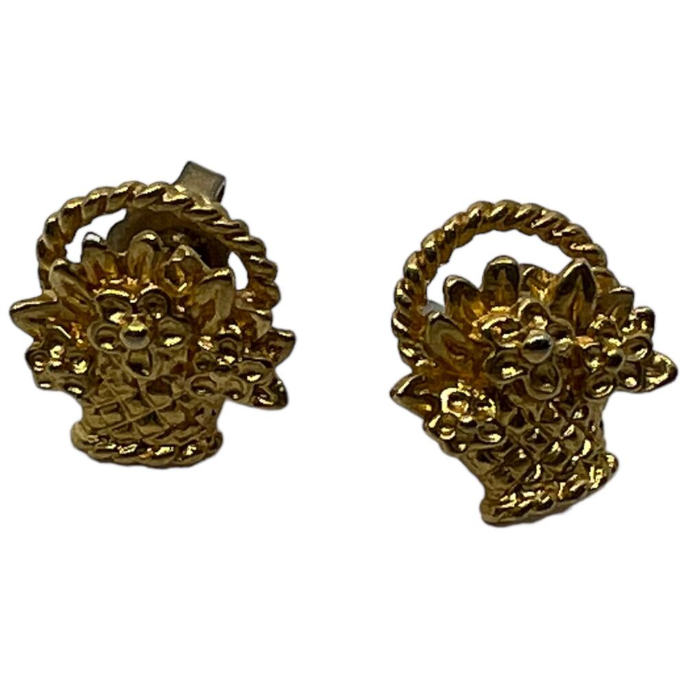 Vintage Flower Basket Stud Earrings Victorian Garden Small Floral 0.5 inch